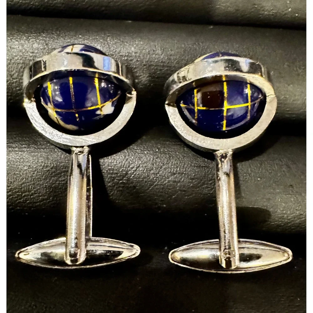 Vintage Silver Tone Blue Globe Cufflinks World Map Travel Theme Mens Jewelry